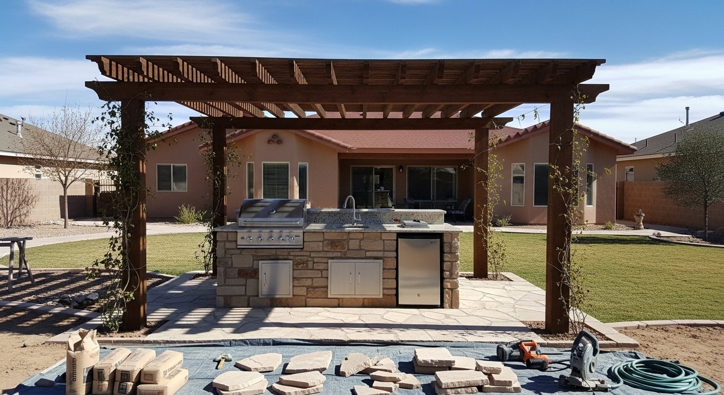 Outdoor patio construction with pavers and retaining wall