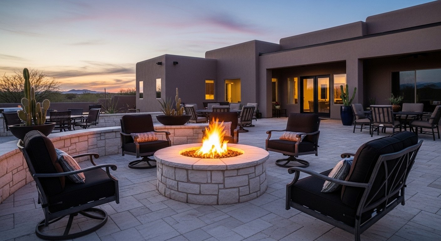 Outdoor patio and seating area with fire feature in a desert-style backyard