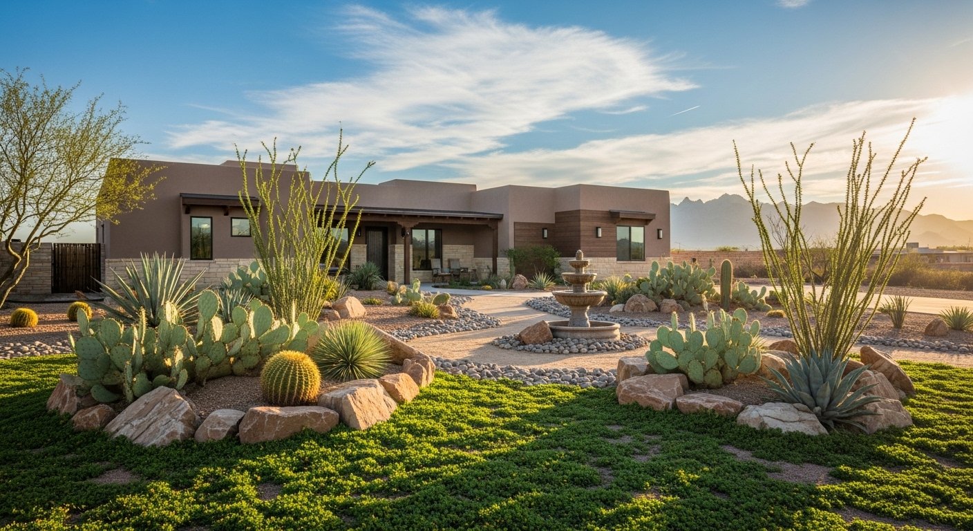 Desert home yard with landscaped outdoor space