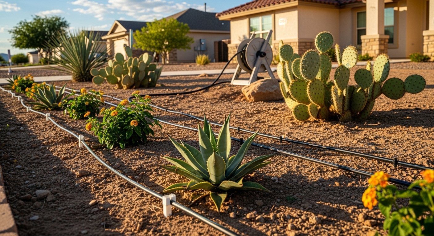Irrigation installation trenching in a residential yard