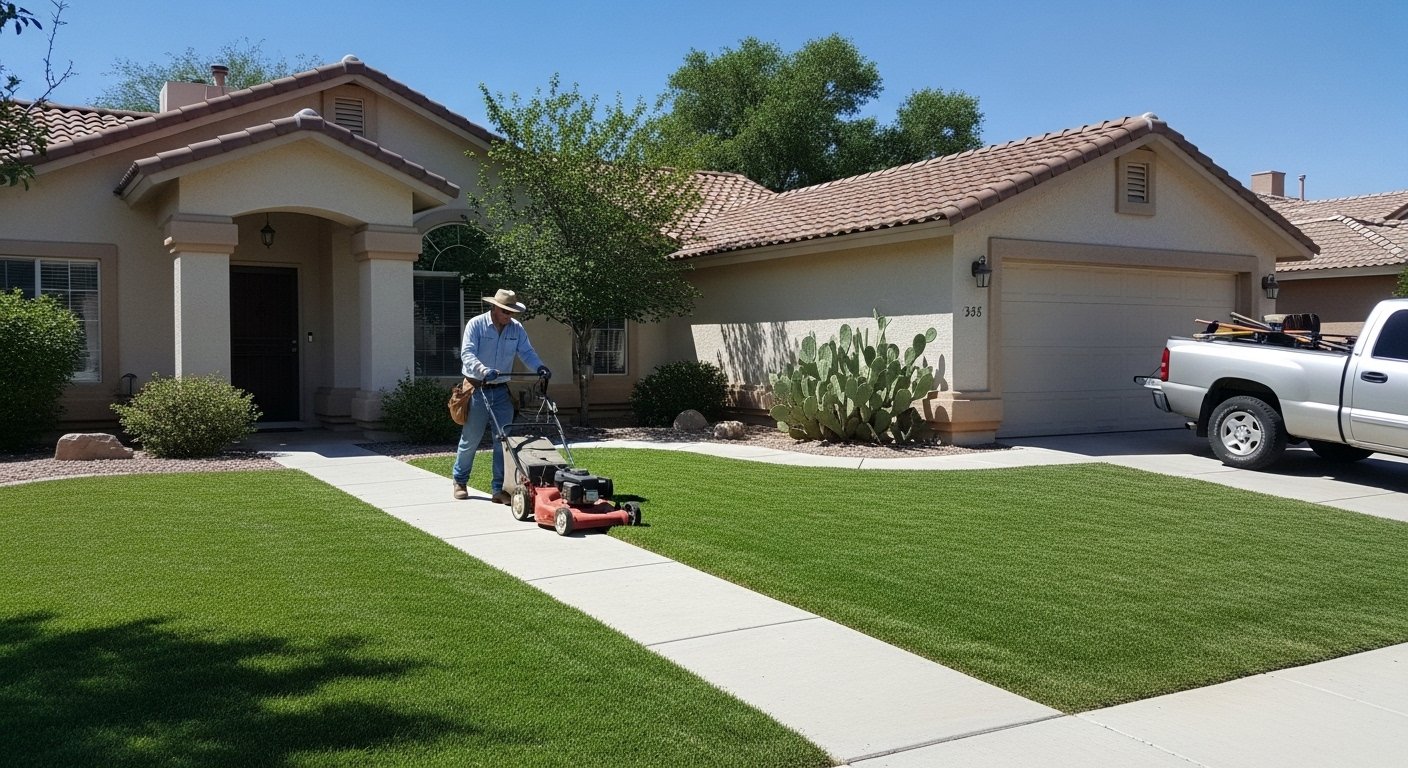 Landscaper mowing a clean lawn in a residential neighborhood