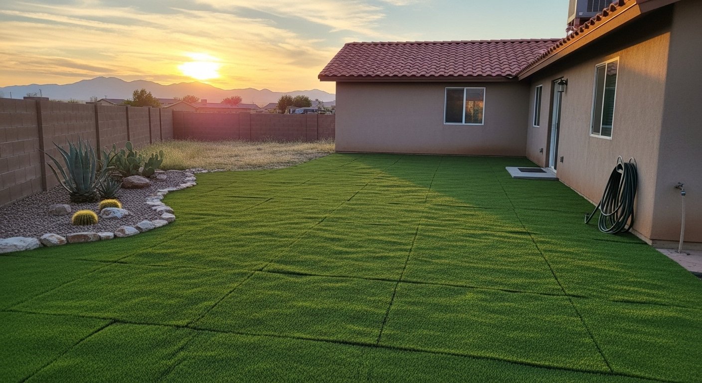 Artificial turf lawn installed in a desert backyard in Socorro Texas
