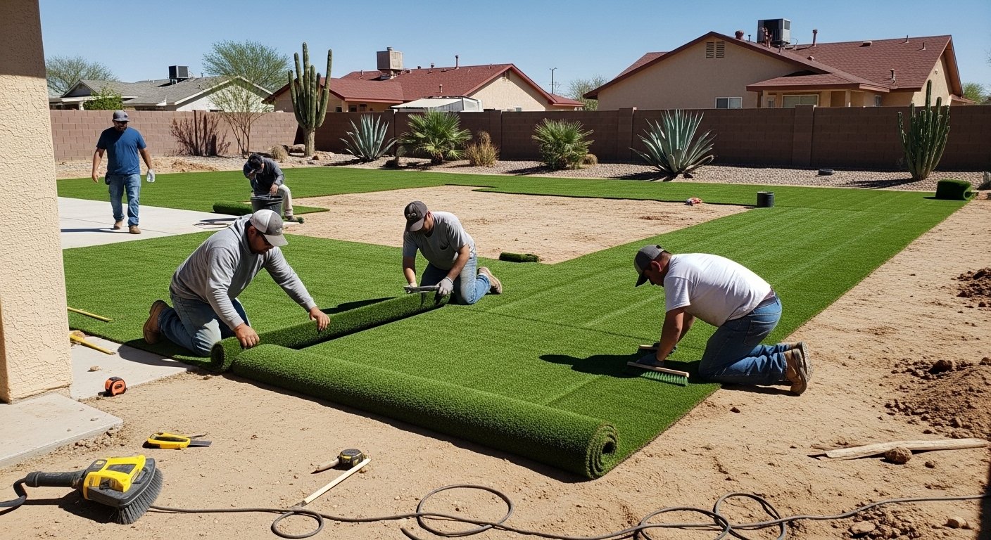 Clean backyard turf area next to desert landscaping